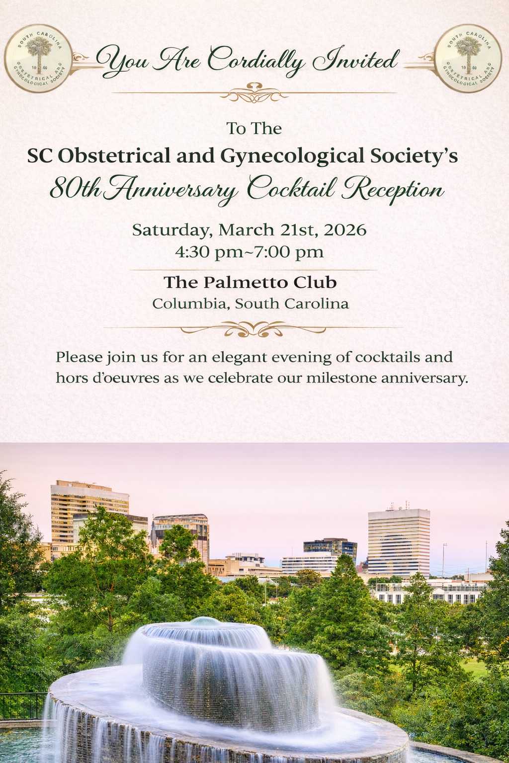 SC Ob/Gyn Society 80th Anniversary Reception Invitation